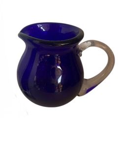 Cobalt Blue Hand Blown Art Glass Creamer Pitcher Clear Applied Handle  