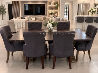 Dark Wood Dining Table with 6 Upholstered Chairs