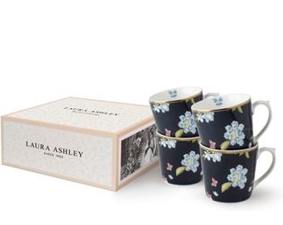 LAURA ASHLEY Blue Floral Ceramic Coffee Cup Set New In Box