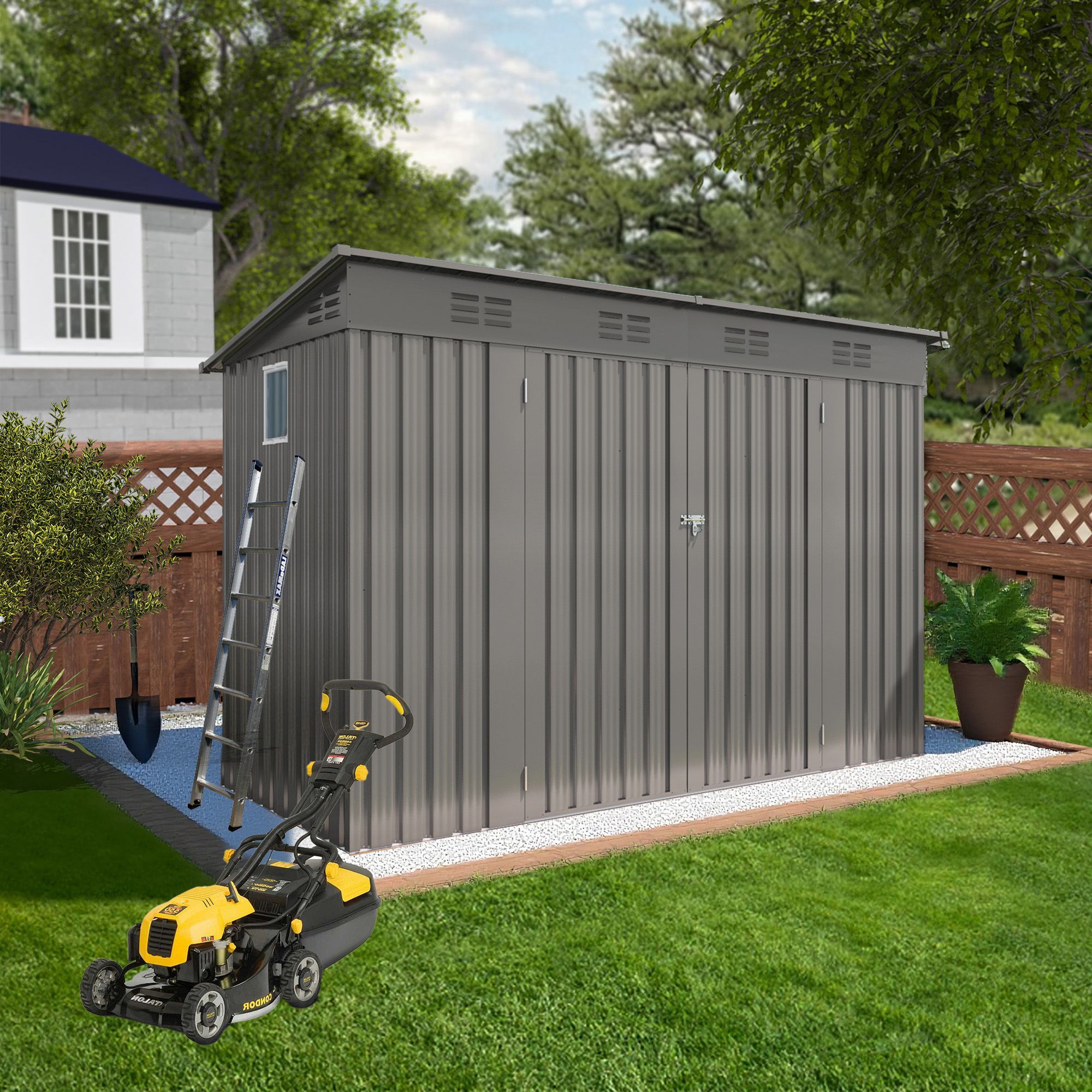 4 x 9 FT Outdoor Storage Shed, Metal Garden Shed Tool House with Sloping Roof,6 vents and 2 Swing Doors for Backyard, Garden,Patio, Garage, Lawn, Gray