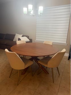 West Elm 60” Mid-Century Modern Wood Dining Table + 5 Tan Velvet Dining Chairs