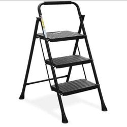 3 Step Ladder, Folding Step Stool with Wide Anti-Slip Pedal, Sturdy Steel Ladder, Portable, NEW