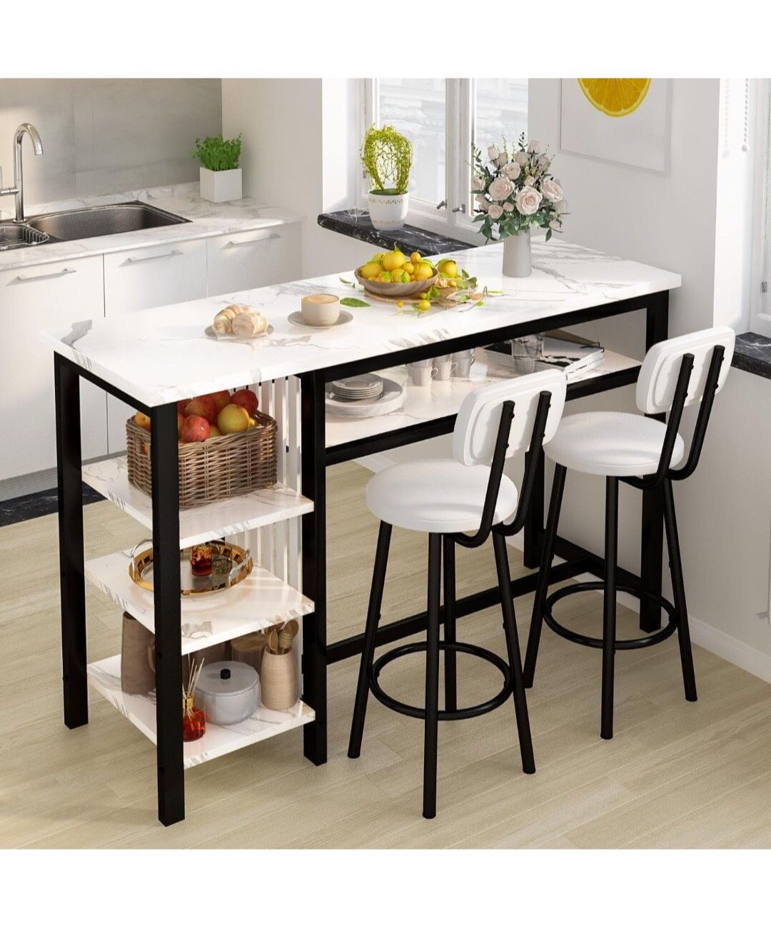 3-Piece Bar Table and Chairs Set, Modern White Faux Marble Table with 2 PU Cushion Bar Stools, Kitchen Counter with 3 Tier Storage Shelves, Space Savi