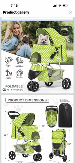 MoNiBloom 3 Wheels Pet Dog Cat Stroller for Small Medium Dogs Cats, Foldable Jogger Stroller w/Storage Basket and Cup Holder, Lawn Green Polka Dots