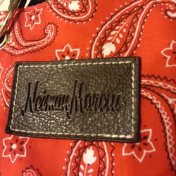 Neiman Marcus Red Paisley Bandana Print Tote Bag Cotton With Nylon Lining And Leather Straps. 14x14