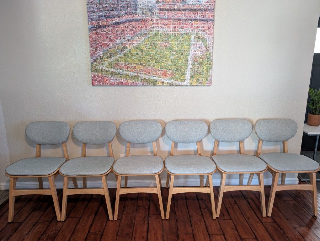 6 Scandanavian Style Padded Dining Chairs in White Oak-Washable Covers