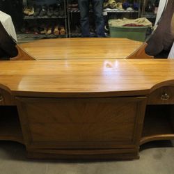 Vintage Mid-Century Modern Vanity Dresser with Large Round Mirror and Storage Drawers – 57.75x67.5 in