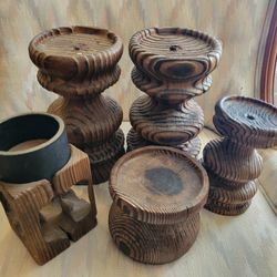 5 MCM Candle Holders Wooden Chunky Boho