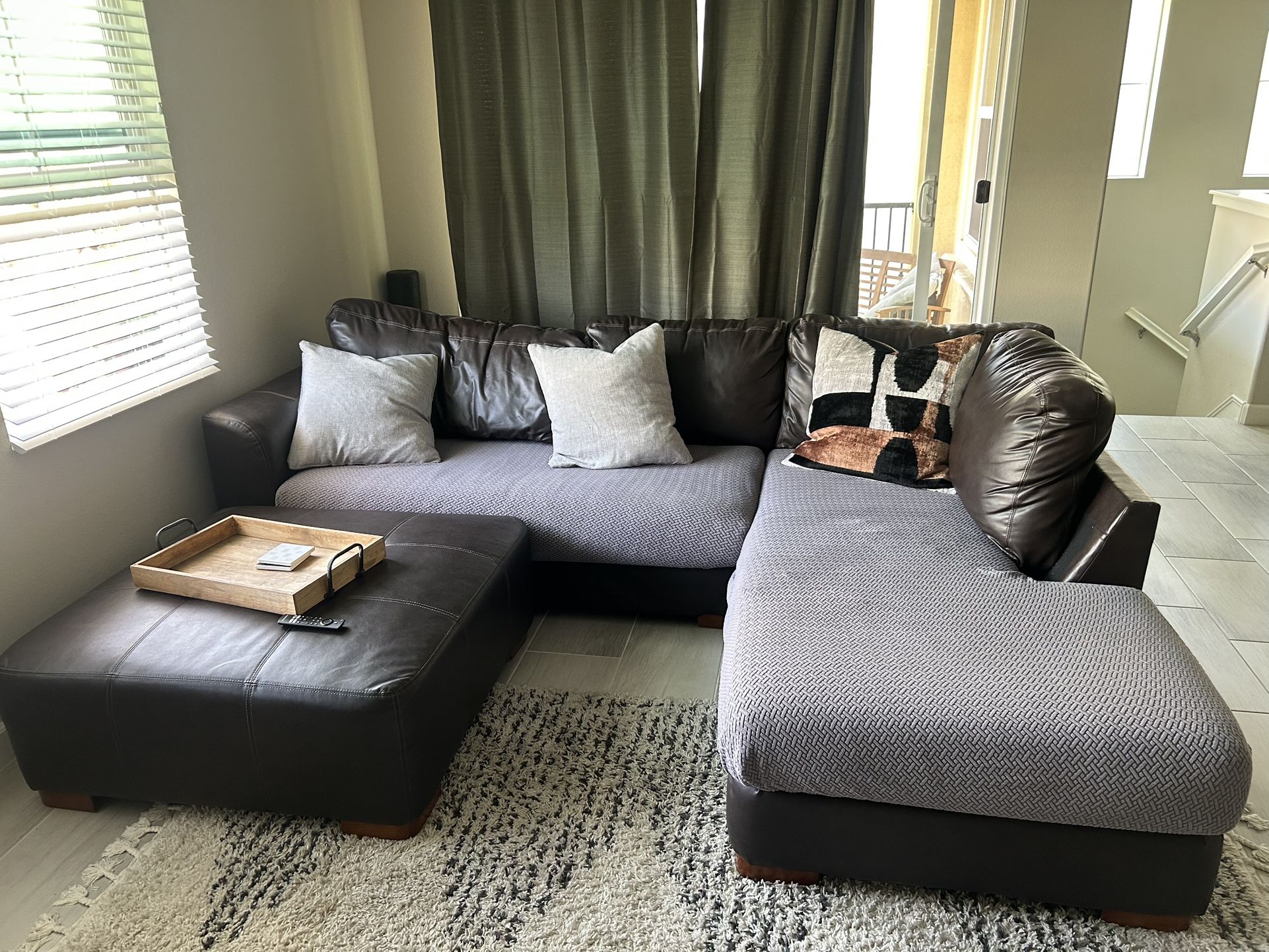 Leather Sectional Couch + Square Ottoman