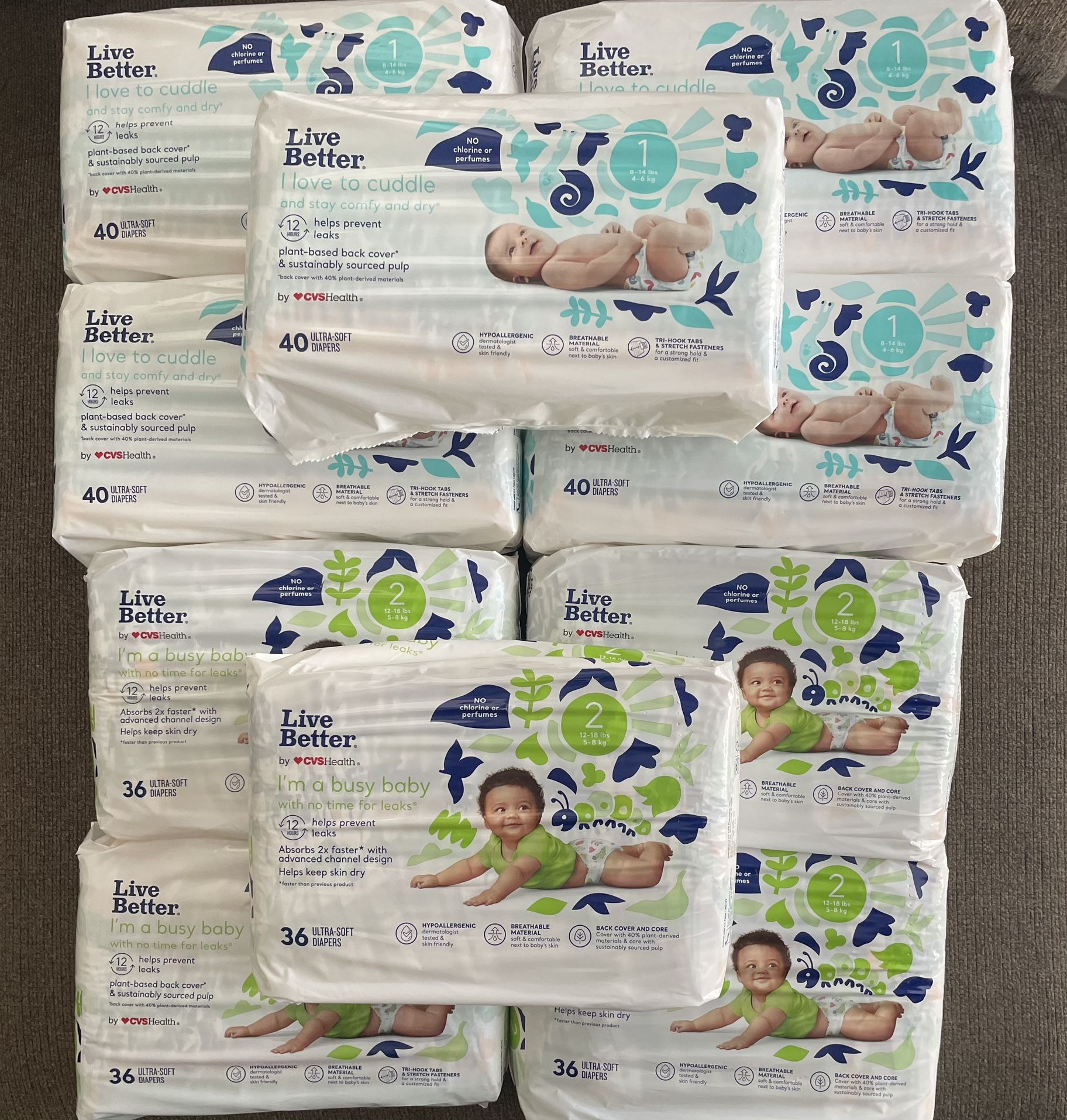 10 Packs of Diapers (Size 1 & 2)