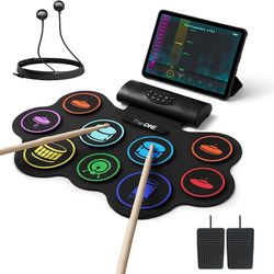 The ONE Electronic Drum Set. 9 Pads Roll Up Drum Kit with Headphones, Drum Sticks, Pedals, more