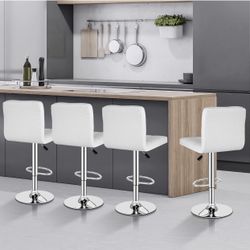  Bar Stools Set of 4 for Kitchen Island, Modern PU Leather Swivel Adjustable with Square Back Counter Height Swivel Bar Stools (4, White)