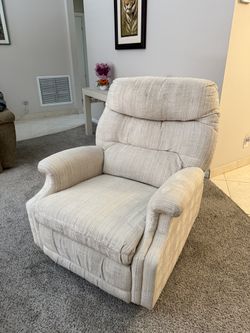 Cream Striped Rocker Recliner – Manual Lever, Extended Footrest