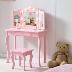 Kids Vanity with Lights, Princess Makeup Vanity Desk with Mirror and Stool