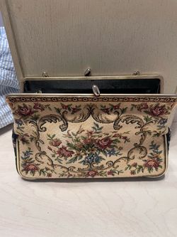 Vintage Floral Tapestry Evening Clutch Bag w/ Gold Filigree Frame & Chain