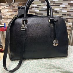 FURLA Elena Saffiano Leather Satchel Bag, Black with Gold hardware.