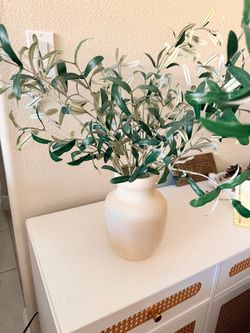 Cream Textured Ceramic Vase with Faux Olive Branches
