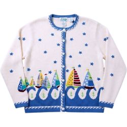 Quacker Factory Nautical Sailboat Cardigan Sweater Cream Blue Stars Large A56207
