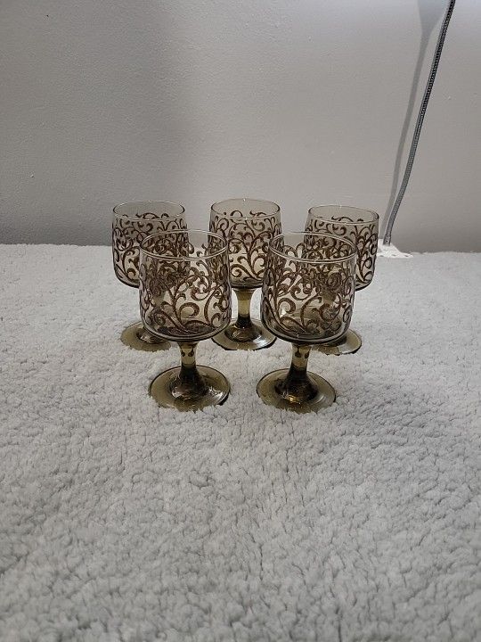 Libbey Prado Tawny Brown Raised Scroll 5 1/4" Goblets Vintage 70's Lor Of 5 (T)