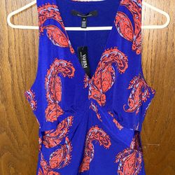 White House Black Market (WHBM) ruched, printed, sleeveless top - royal purple with red-orange paisley pattern - women’s size medium - NEW WITH TAGS
