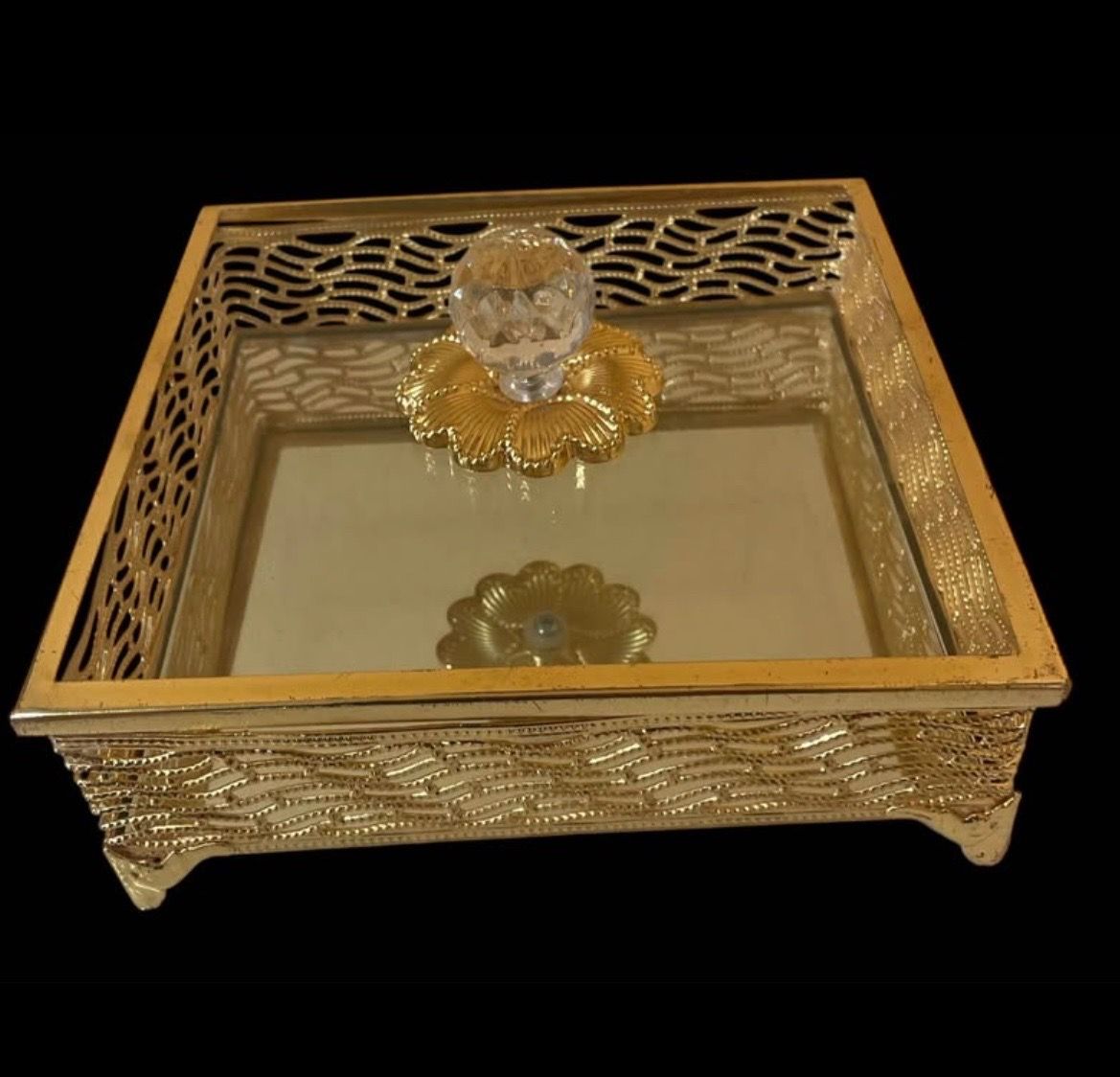 Elegant Gold Jewelry Box with Glass Lid - Decorative Mirrored Trinket Holder.