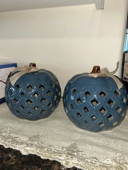 2 Blue Ceramic Pumpkins
