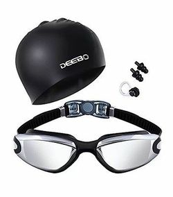 Deebo Swimming Goggles Anti Fog No Leaking UV Protection w/ Silicone Cap Black