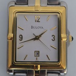 Bulova 98G60 Men's Two Tone Stainless Quartz Square Date Watch Japan Mvt w/ Box.