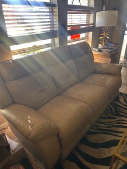 Cream Leather Three-Seat Sofa