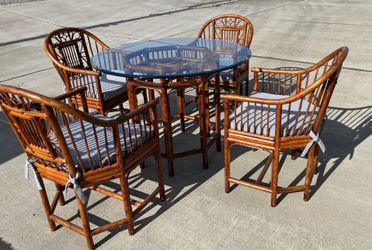 1970’s 4 Piece Wicker Table Set With Glass Top