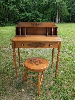 Vintage Wood Writing Desk & Stool Set