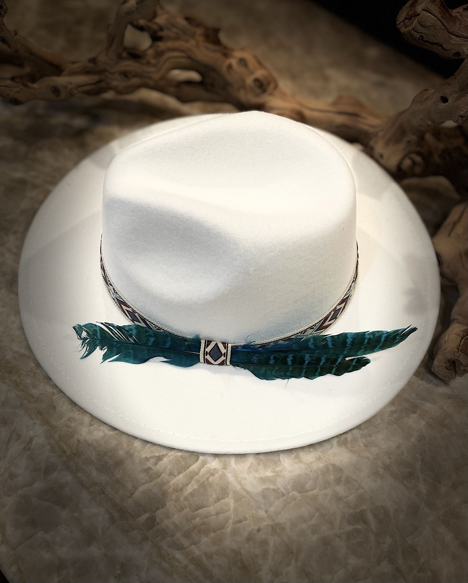 Turquoise Feathers White rodeo Hat One Size Unisex  