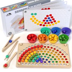 Toddler wooden Learning Montessori toys – wooden peg board bead game baby rainbow stacking matching counting color sorting games for fine motor math s