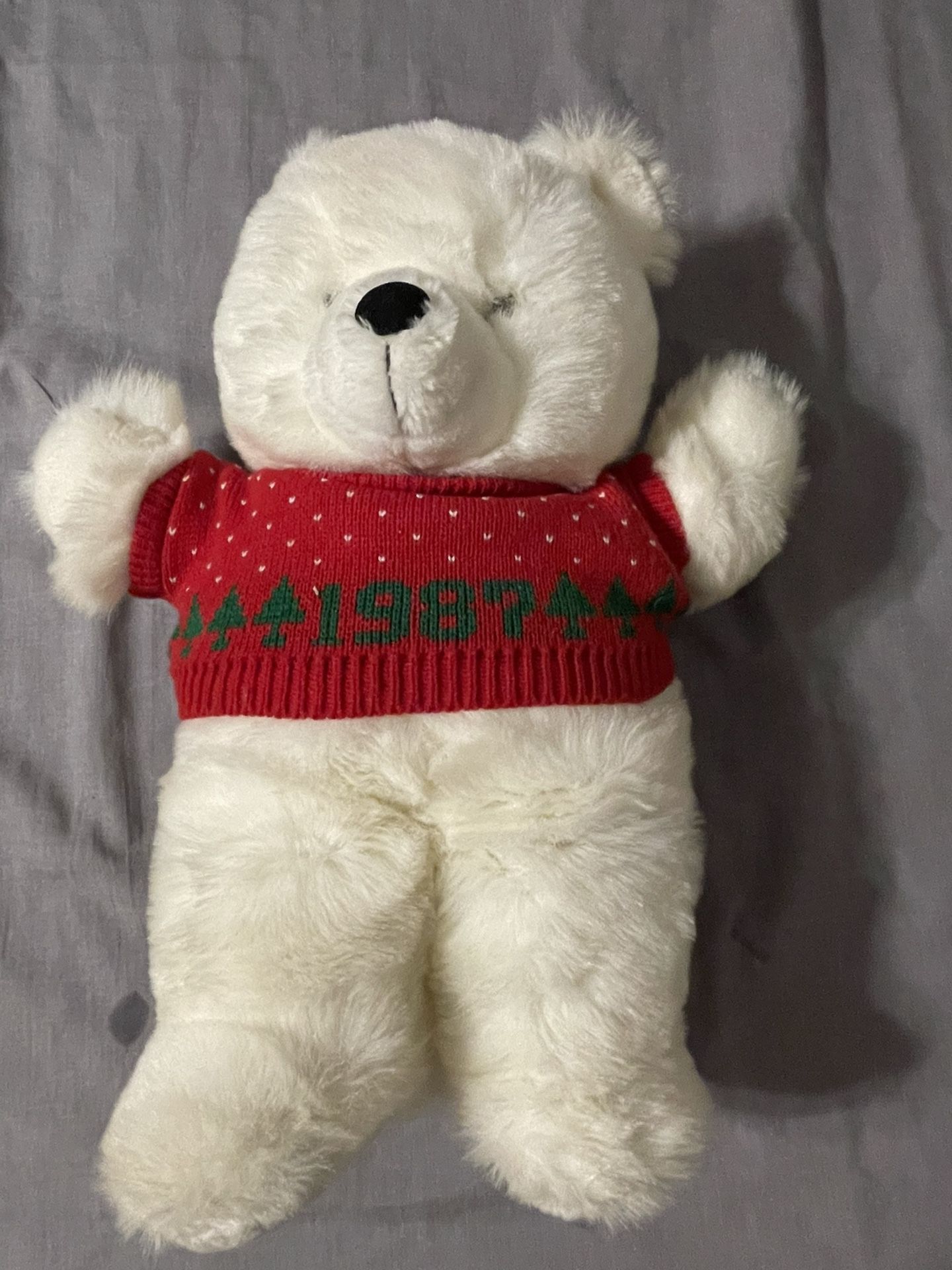 BIG VINTAGE 1987 WHITE TEDDY BEAR HOLIDAY CHRISTMAS SWEATER PLUSH ANIMAL