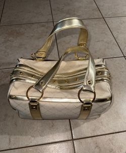 AX Armani Exchange White & Gold Monogram Satchel Handbag Purse