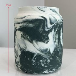 World Market Greenish-Gray & White Swirl Patterned Textured Ceramic Vase or Planter