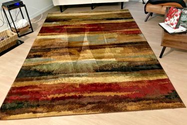 Modern Abstract Striped Area Rug Brown Red Green Earth Tones 7’ x 5’