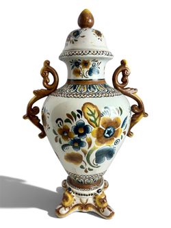 Large Oriental Accent Hand Painted Lidded Porcelain Floral Urn Vase 26”