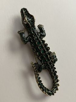 Fancy Green Rhinestone Alligator Pin Brooch - Crocodile Reptile Jewelry