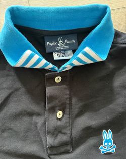 Psycho Bunny Polo Shirt Mens Size 5 Black Pima Cotton W/Blue &White Fits
