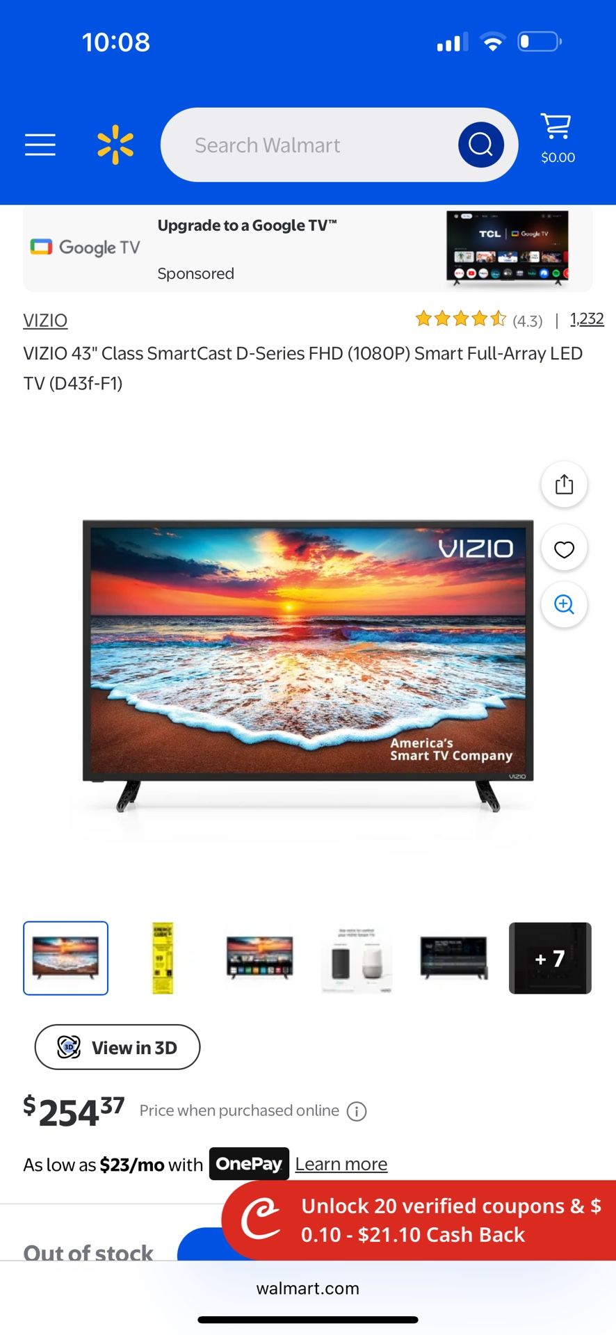 Vizio 43” Class Smartcast D-series FHP(1080p) Smart Full- Array LED tv