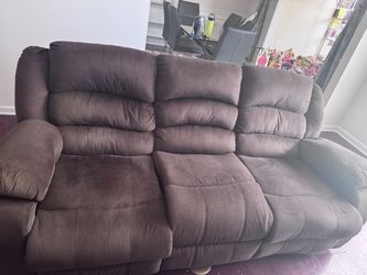 Brown Fabric Reclining Sofa and 6 seater Glass top dinning table