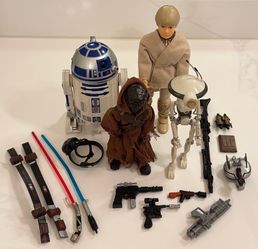 1999 Vintage Star Wars Figure Lot: Smart R2-D2, Jawa, Pit Droid and Young Anakin