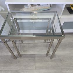 Mid Century Modern Chrome Faux Bamboo Glass Top Nesting Tables - Set of 2