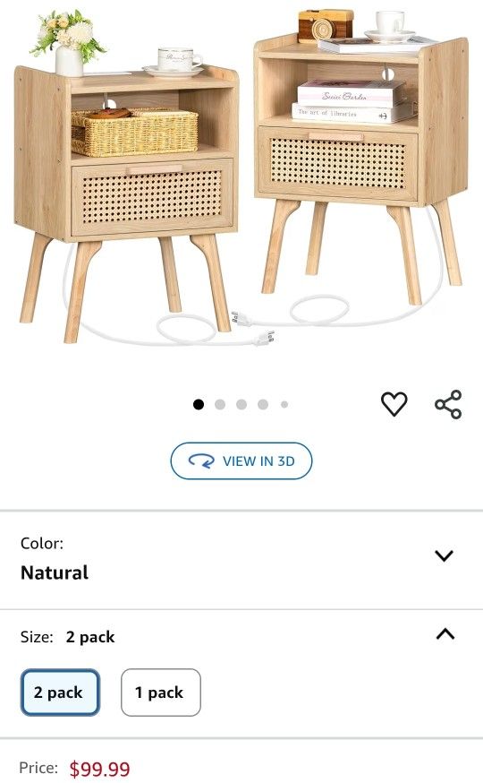 Lerliuo Rattan Nightstands Set of 2 with Charging Station, Boho Side Table with Drawer Open Shelf, Cane Accent Bedside End Table with Solid Wood Legs