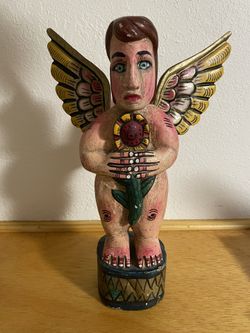Carved WOOD ANGEL, Full Body Winged Angel holding A flower, Standing Angel.