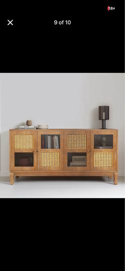 60 Inch Retro Rattan Buffet Cabinet, Large Storage Cabinet with Glass Doors for Entryway