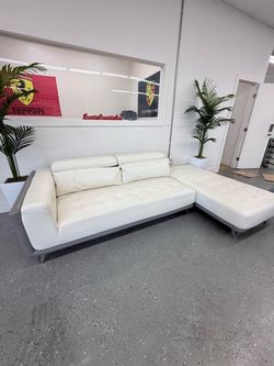 White Leather Sectional Sofa with Chaise