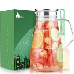 Glass Pitcher with Lid - 68oz Water Pitcher with Precise Scale Line - Easy Clean Heat Resistant Iced Tea Pitcher - Borosilicate Glass Carafe wi