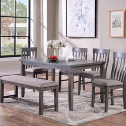 ✅️✅️6 pc  grey finish wood dining table set padded seat chairs and bench👋